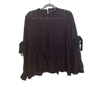 Loft Plum Purple Floral Lace Bell Sleeve Bow Blouse